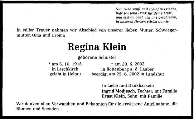 Schuster Regina 1918-2002 Todesanzeige